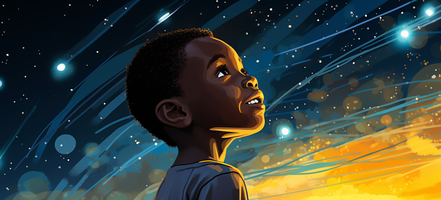 Painting of a young boy looking into to sky